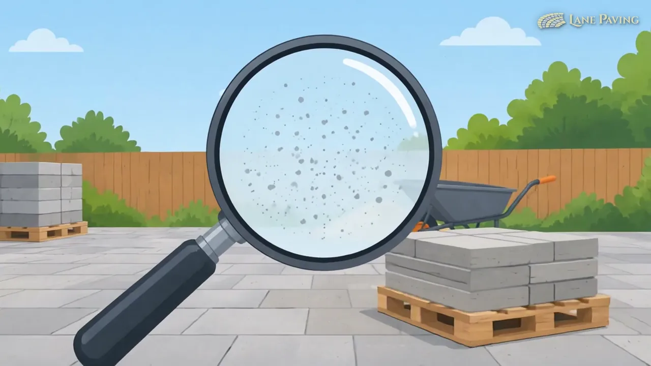Animated scene with a magnifying glass showing dust particles on a paving site