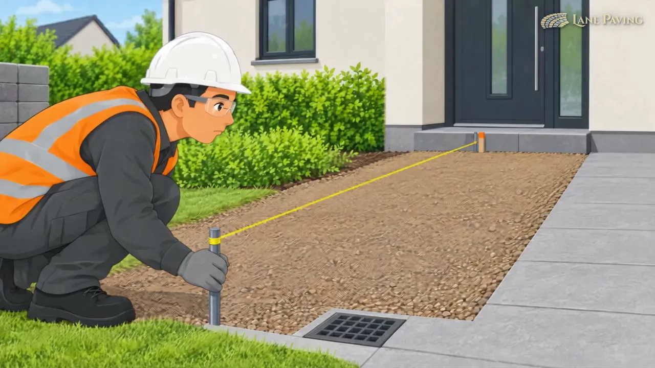 Animated worker setting a string line for paving