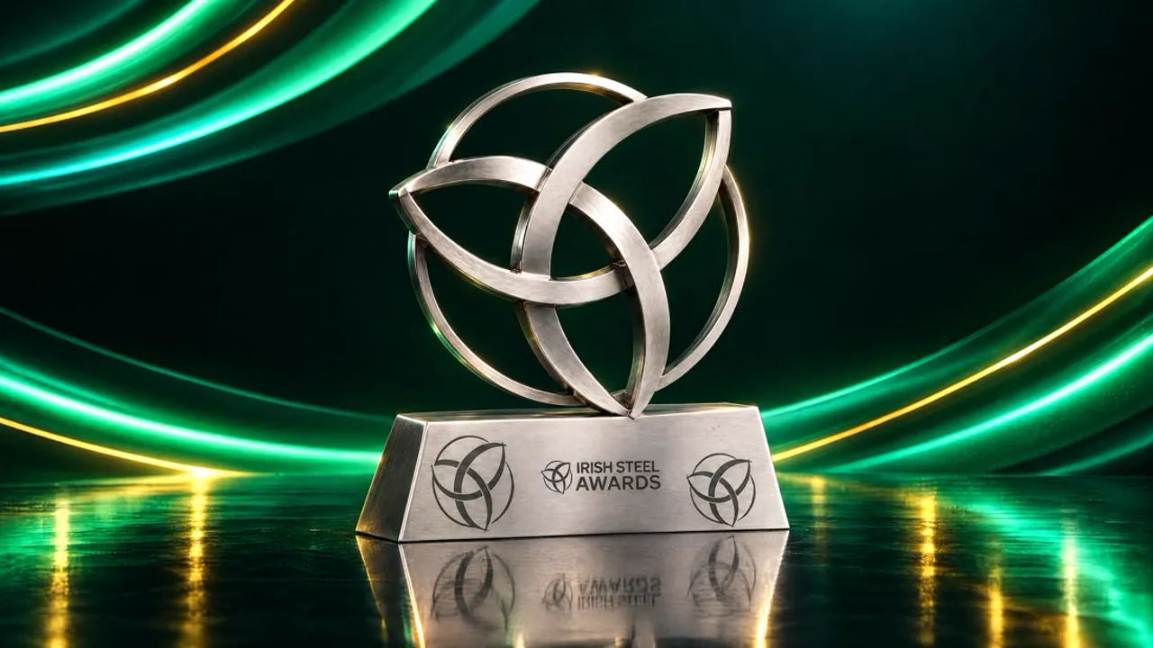 Irish Steel Awards trophy on a dark green stage background