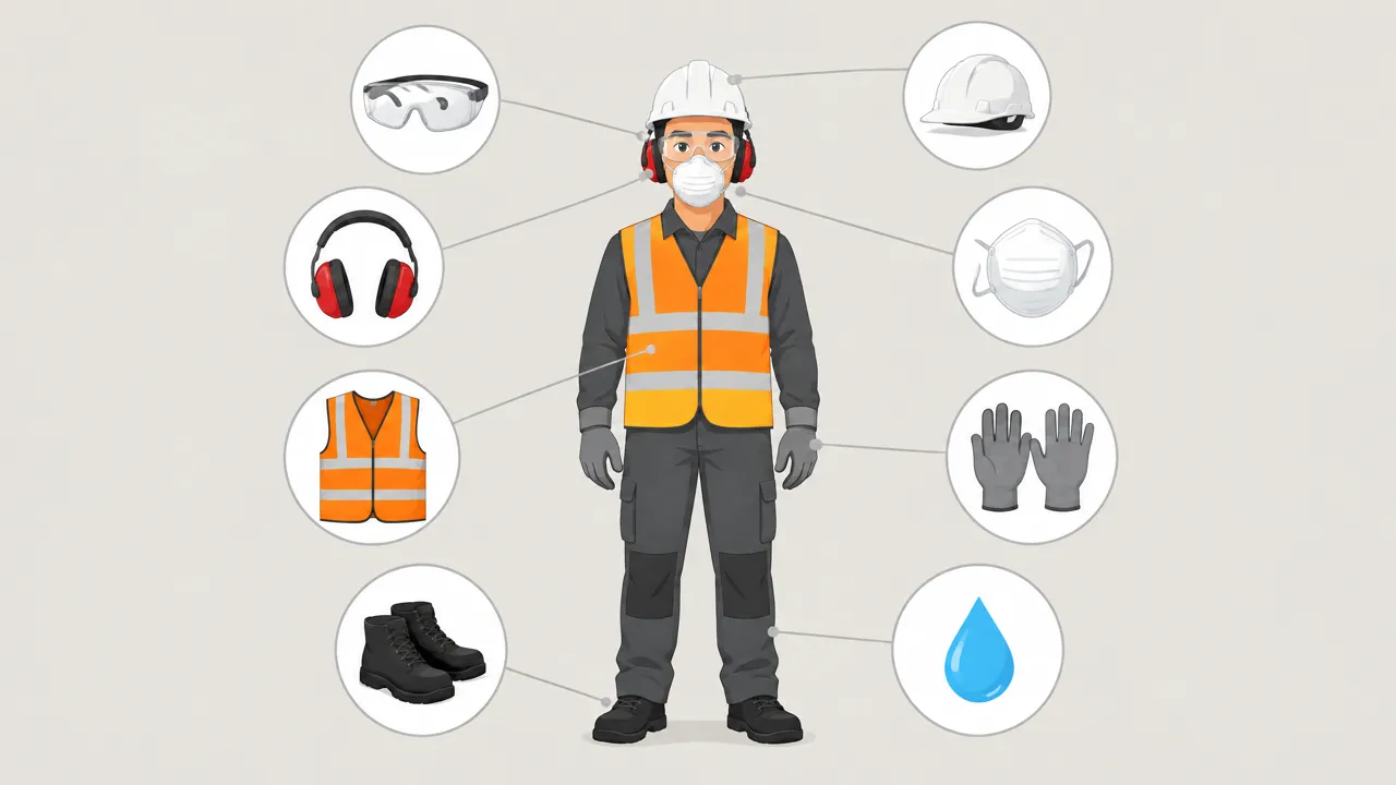 Character sheet of a worker with PPE items called out